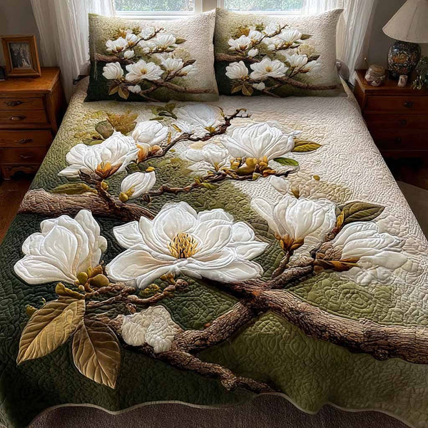 Timeless Ivory quilted 3-piece bedding set on a made bed in a farmhouse bedroom