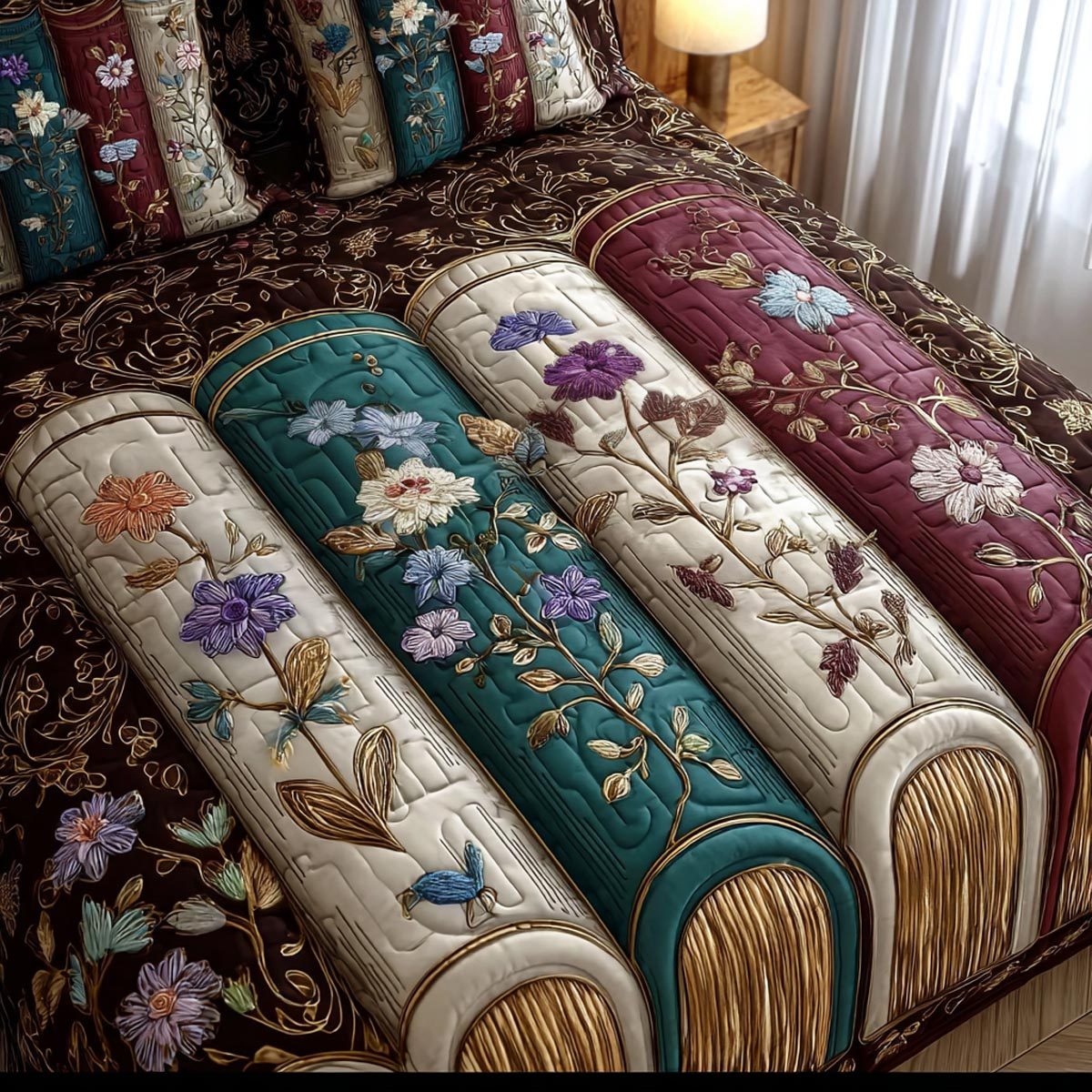 Timeless Library quilted 3-piece bedding set on a made bed in a farmhouse bedroom