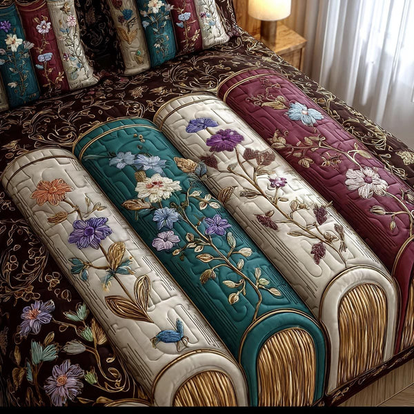 Timeless Library quilted 3-piece bedding set on a made bed in a farmhouse bedroom
