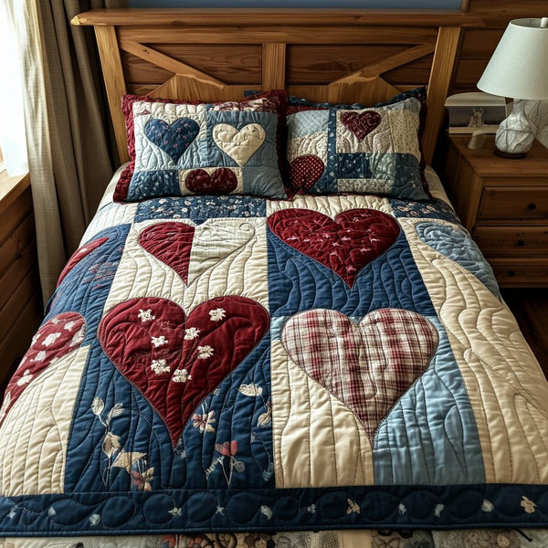 Timeless Love quilted 3-piece bedding set on a made bed in a farmhouse bedroom
