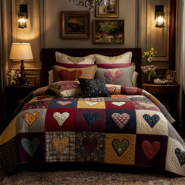 Timeless Love quilted 3-piece bedding set on a made bed in a farmhouse bedroom