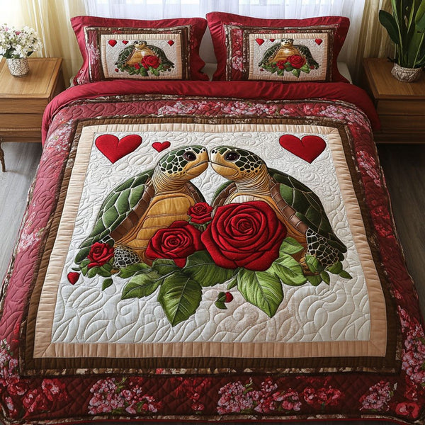 Timeless Love quilted 3-piece bedding set on a made bed in a farmhouse bedroom