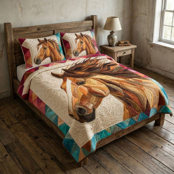 Timeless Mustang quilted 3-piece bedding set on a made bed in a farmhouse bedroom
