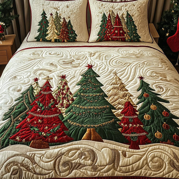 Timeless Noel quilted 3-piece bedding set on a made bed in a winter-styled bedroom