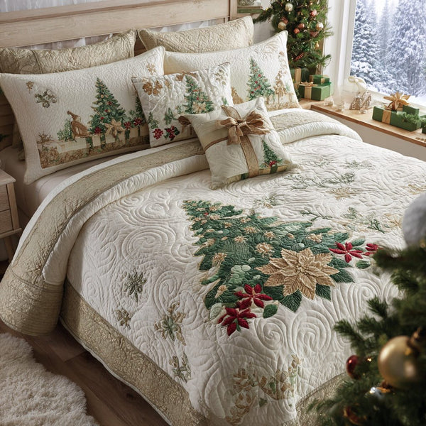 Timeless Noel quilted 3-piece bedding set on a made bed in a winter-styled bedroom