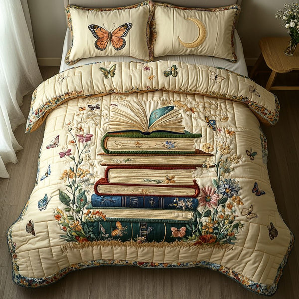 Timeless Pages quilted 3-piece bedding set on a made bed in a farmhouse bedroom