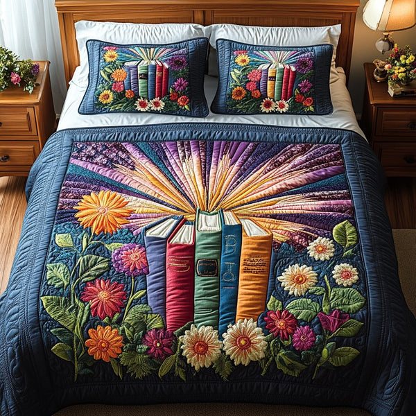 Timeless Pages quilted 3-piece bedding set on a made bed in a farmhouse bedroom