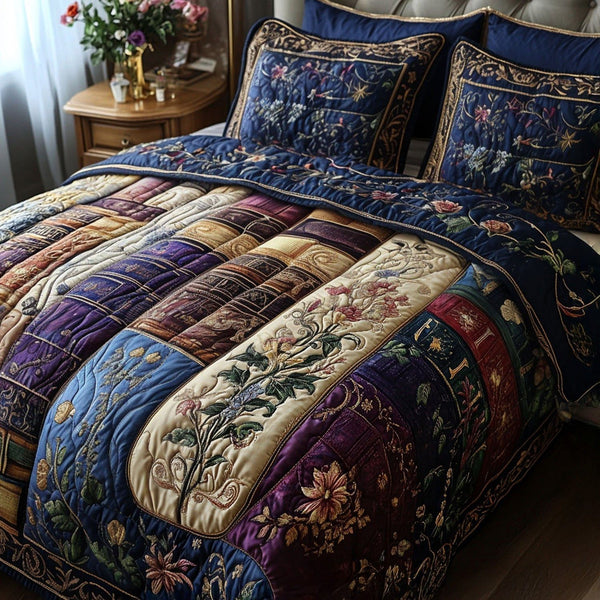 Timeless Pages quilted 3-piece bedding set on a made bed in a farmhouse bedroom