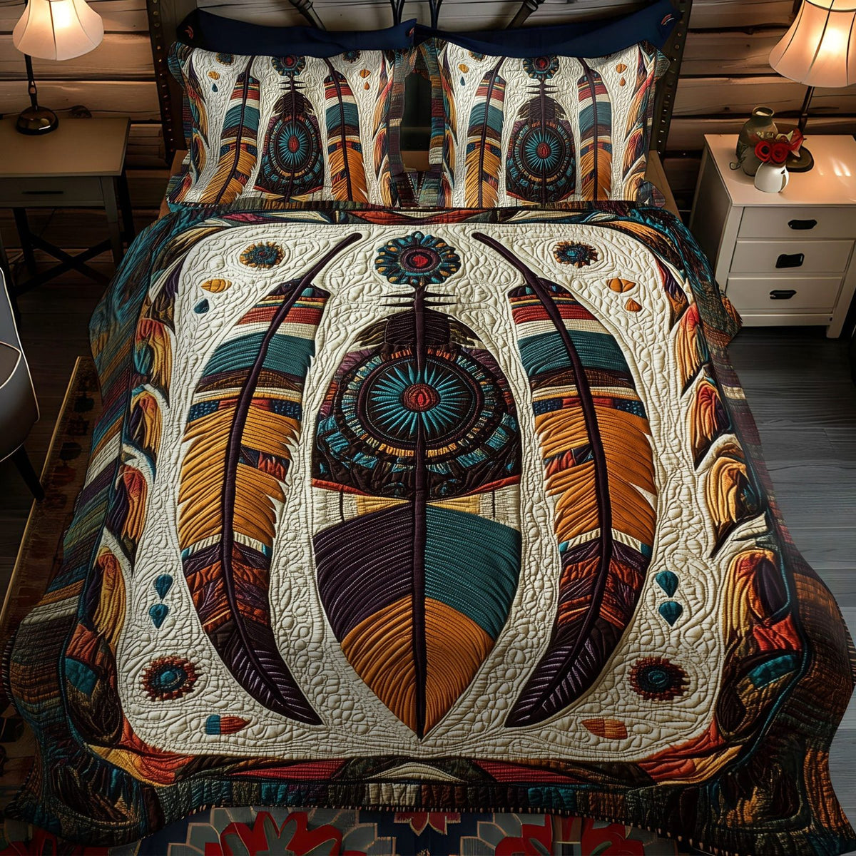 Timeless Patterns quilted 3-piece bedding set on a made bed in a farmhouse bedroom