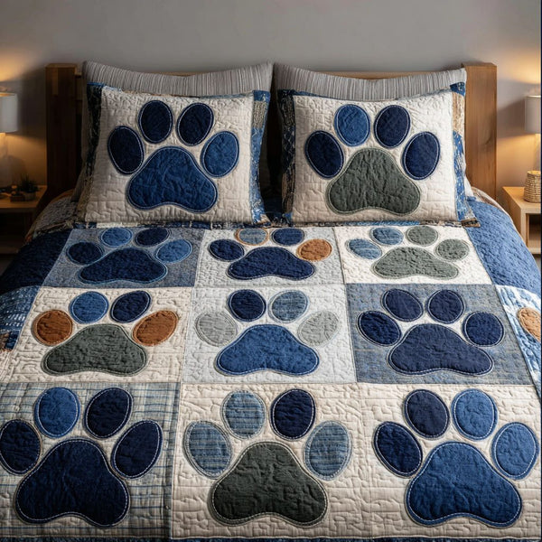 Timeless Paws quilted 3-piece bedding set on a made bed in a farmhouse bedroom