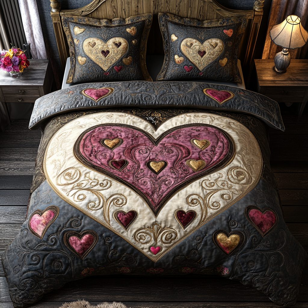 Timeless Romance quilted 3-piece bedding set on a made bed in a farmhouse bedroom
