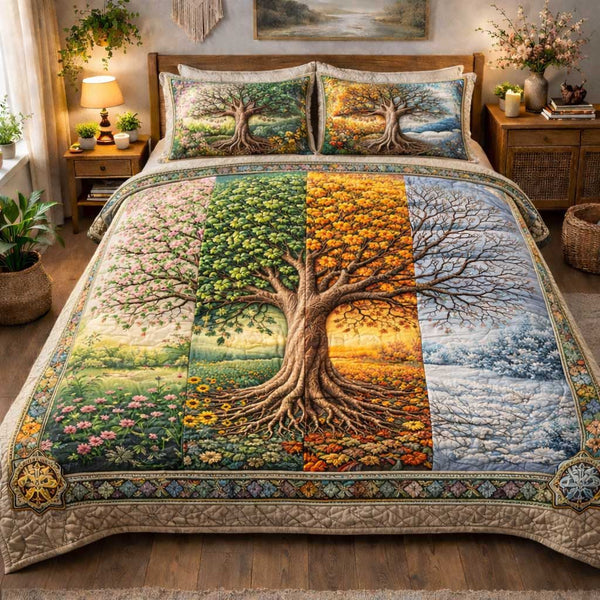 Timeless Roots quilted 3-piece bedding set on a made bed in a farmhouse bedroom