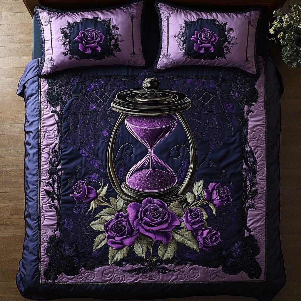 Timeless Rose quilted 3-piece bedding set on a made bed in a farmhouse bedroom