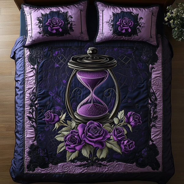 Timeless Rose quilted 3-piece bedding set on a made bed in a farmhouse bedroom
