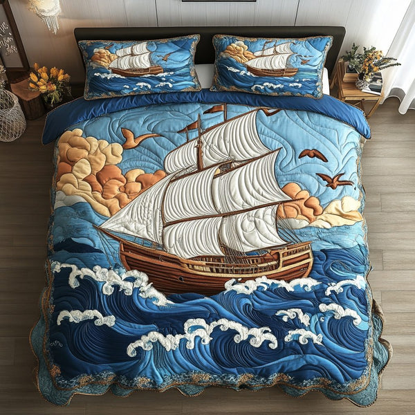 Timeless Sailboat quilted 3-piece bedding set on a made bed in a farmhouse bedroom