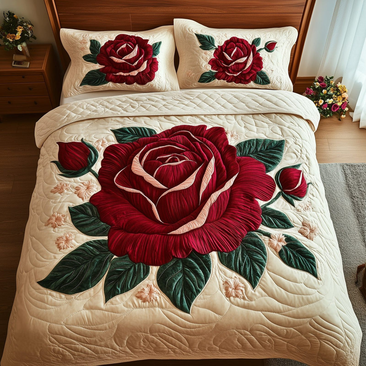 Timeless Scarlet Bloom quilted 3-piece bedding set on a made bed in a farmhouse bedroom