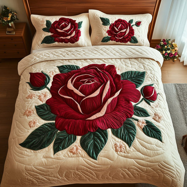 Timeless Scarlet Bloom quilted 3-piece bedding set on a made bed in a farmhouse bedroom