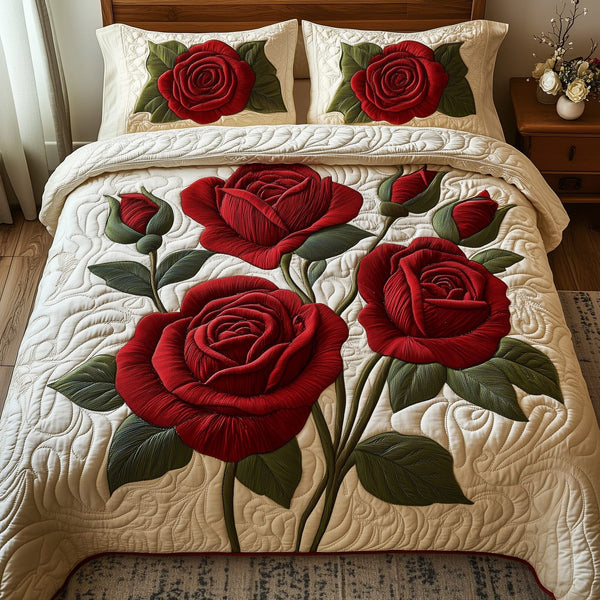 Timeless Scarlet Bloom quilted 3-piece bedding set on a made bed in a farmhouse bedroom