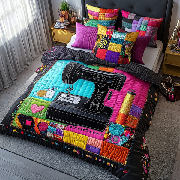 Timeless Sewing Machine quilted 3-piece bedding set on a made bed in a farmhouse bedroom
