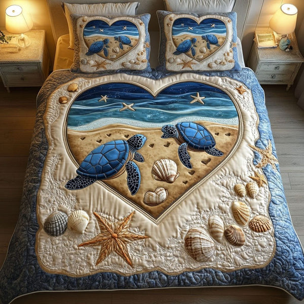 Timeless Shellmates quilted 3-piece bedding set on a made bed in a farmhouse bedroom
