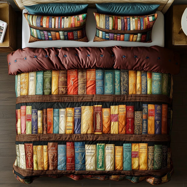 Timeless Shelves quilted 3-piece bedding set on a made bed in a farmhouse bedroom