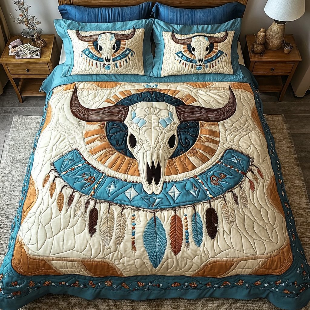 Timeless Skull quilted 3-piece bedding set on a made bed against a dark styled interior