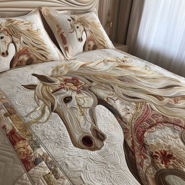 Timeless Stallion quilted 3-piece bedding set on a made bed in a rustic timber bedroom