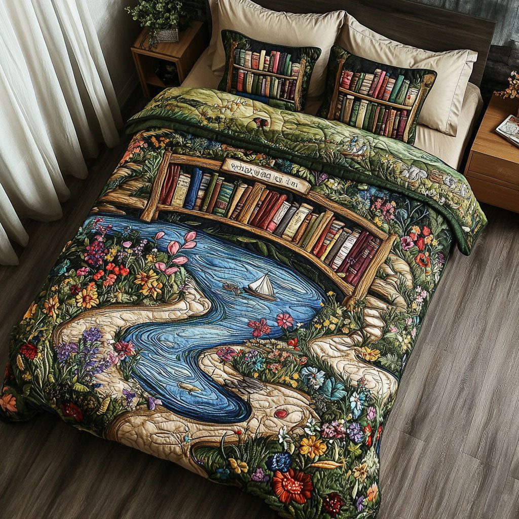 Timeless Stories quilted 3-piece bedding set on a made bed in a farmhouse bedroom