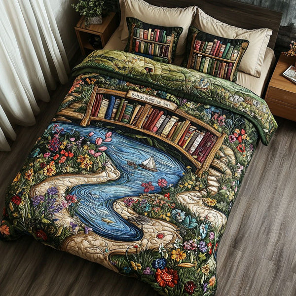 Timeless Stories quilted 3-piece bedding set on a made bed in a farmhouse bedroom