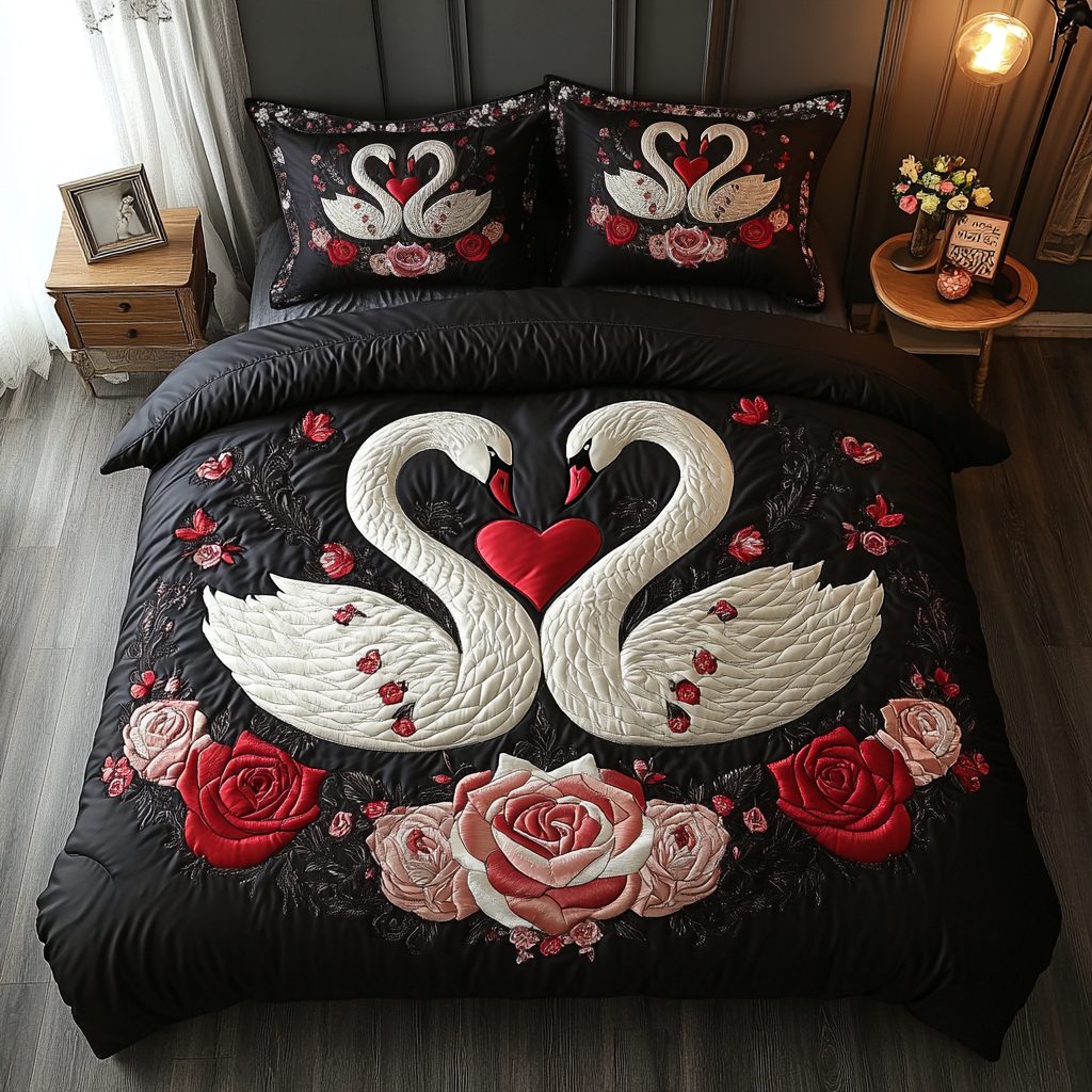Timeless Swan Love quilted 3-piece bedding set on a made bed in a farmhouse bedroom
