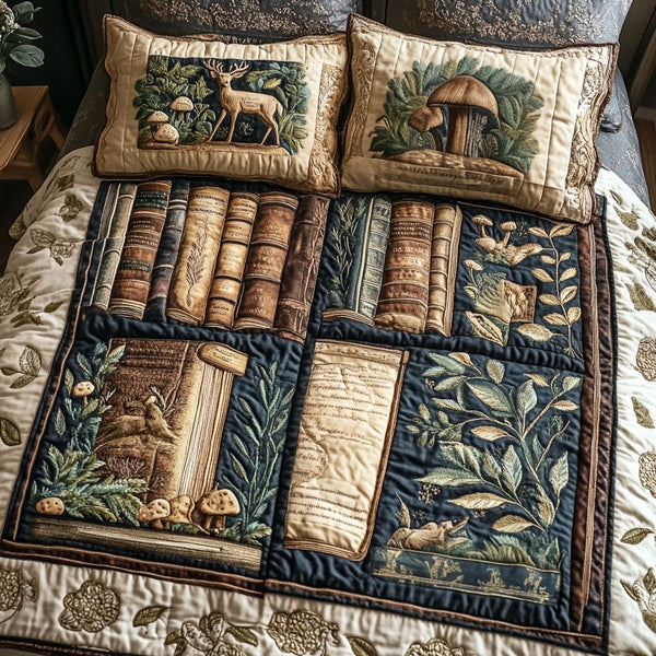Timeless Tales and Trails quilted 3-piece bedding set on a made bed in a farmhouse bedroom