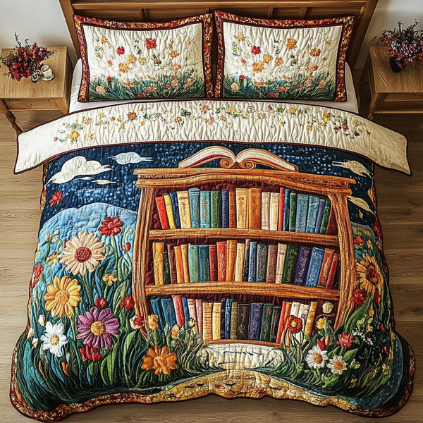 Timeless Tales quilted 3-piece bedding set on a made bed in a farmhouse bedroom