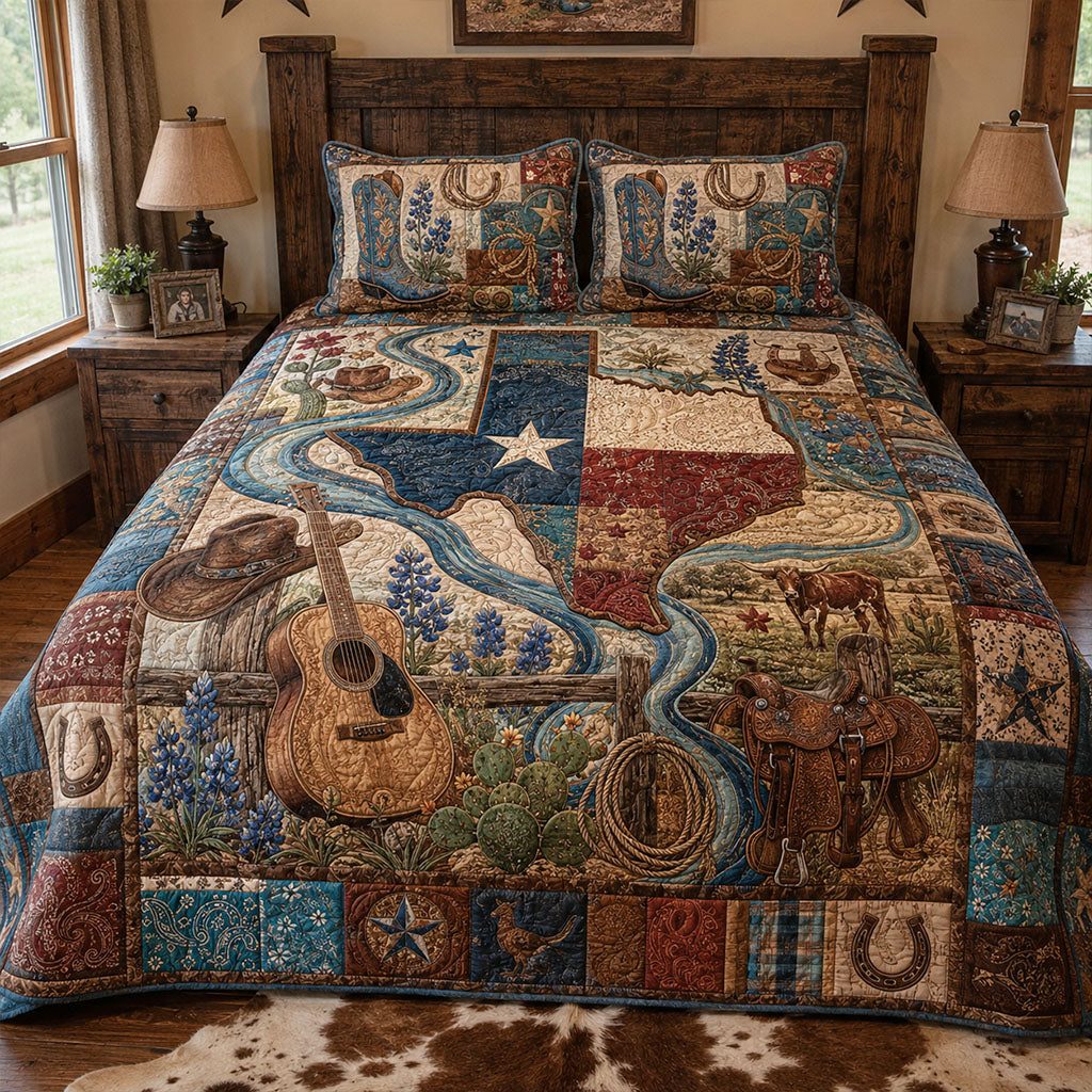 Timeless Texas Heritage quilted 3-piece bedding set on a made bed in a rustic timber bedroom