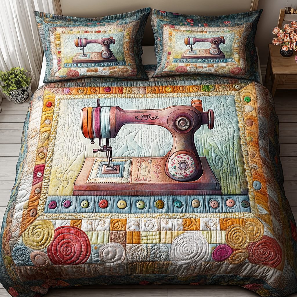 Timeless Thread quilted 3-piece bedding set on a made bed in a farmhouse bedroom