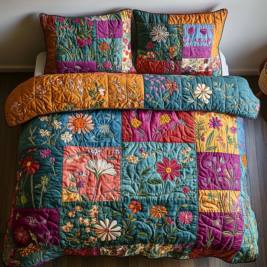 Timeless Travels quilted 3-piece bedding set on a made bed in a farmhouse bedroom