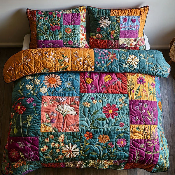 Timeless Travels quilted 3-piece bedding set on a made bed in a farmhouse bedroom