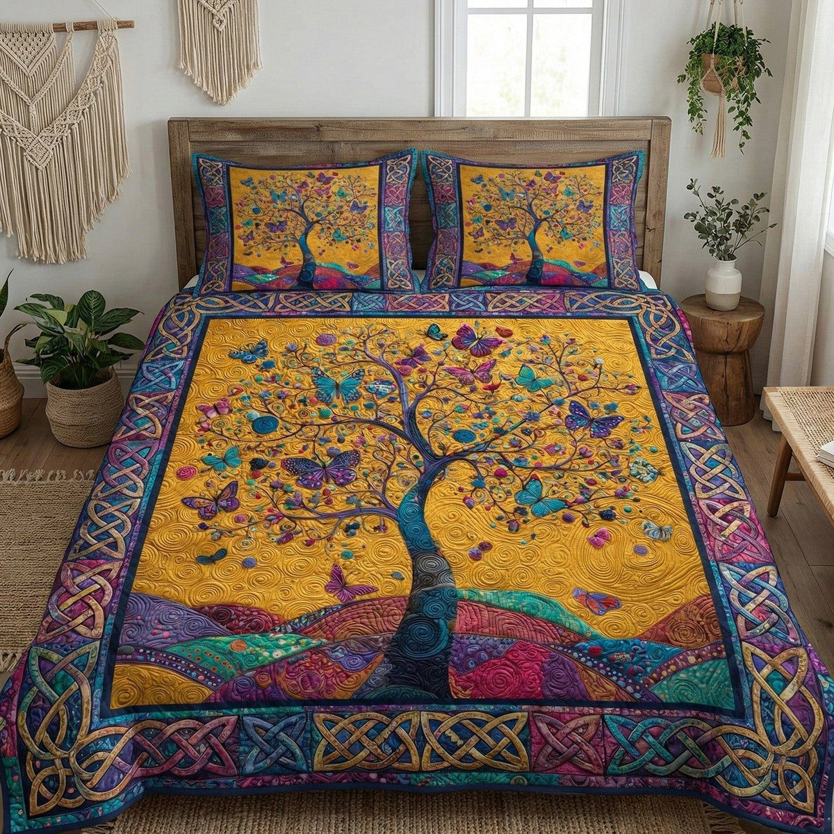 Timeless Tree quilted 3-piece bedding set on a made bed in a farmhouse bedroom