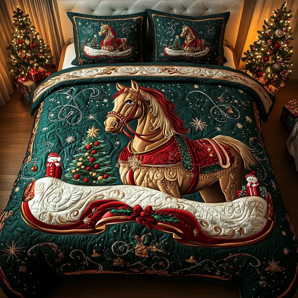 Timeless Trot quilted 3-piece bedding set on a made bed in a farmhouse bedroom
