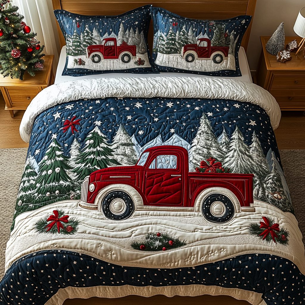 Timeless Truckload quilted 3-piece bedding set on a made bed in a farmhouse bedroom