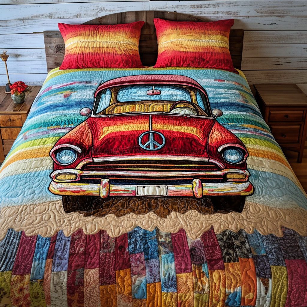 Timeless Wheels quilted 3-piece bedding set on a made bed in a farmhouse bedroom