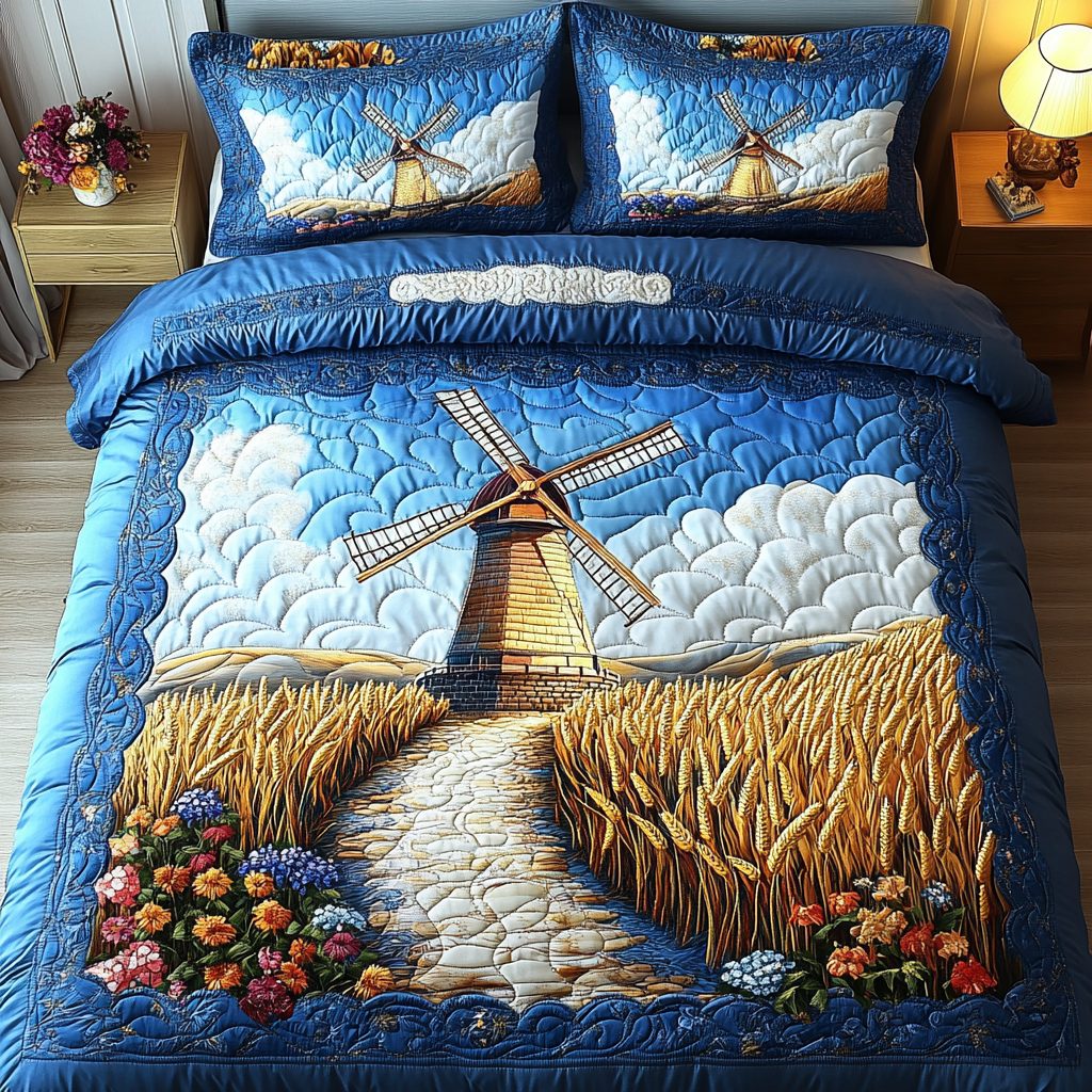 Timeless Wind quilted 3-piece bedding set on a made bed in a farmhouse bedroom