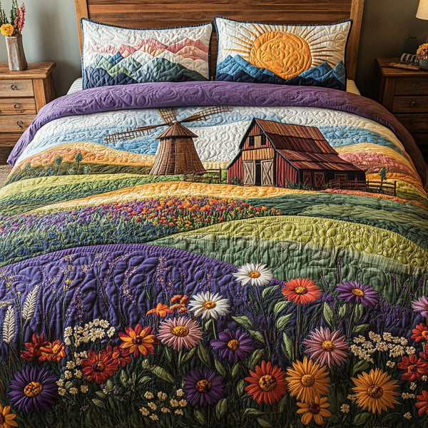 Timeless Windmills quilted 3-piece bedding set on a made bed in a farmhouse bedroom