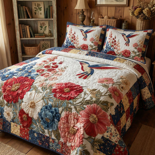 Timeless Wings quilted 3-piece bedding set on a made bed in a farmhouse bedroom