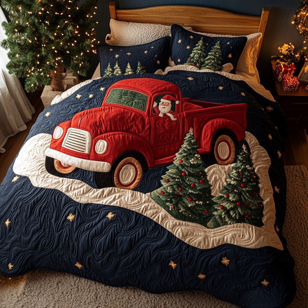 Tinsel Topped Truck quilted 3-piece bedding set on a made bed with two matching pillow shams