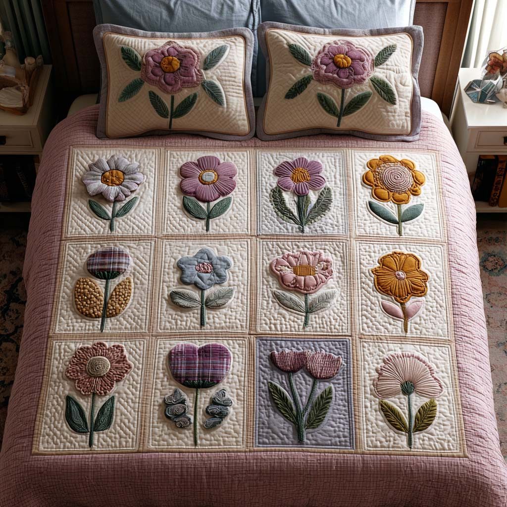 Tiny Blossoms quilted 3-piece bedding set on a made bed with two matching pillow shams