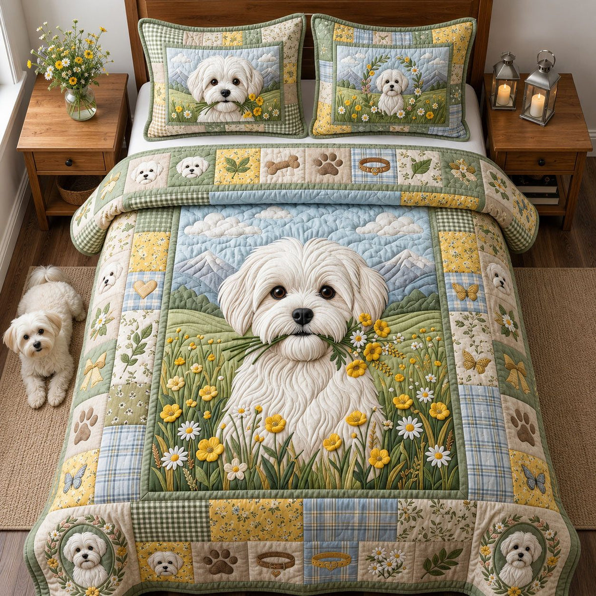 Tiny Bouquet Maltese quilted 3-piece bedding set on a made bed with two matching pillow shams