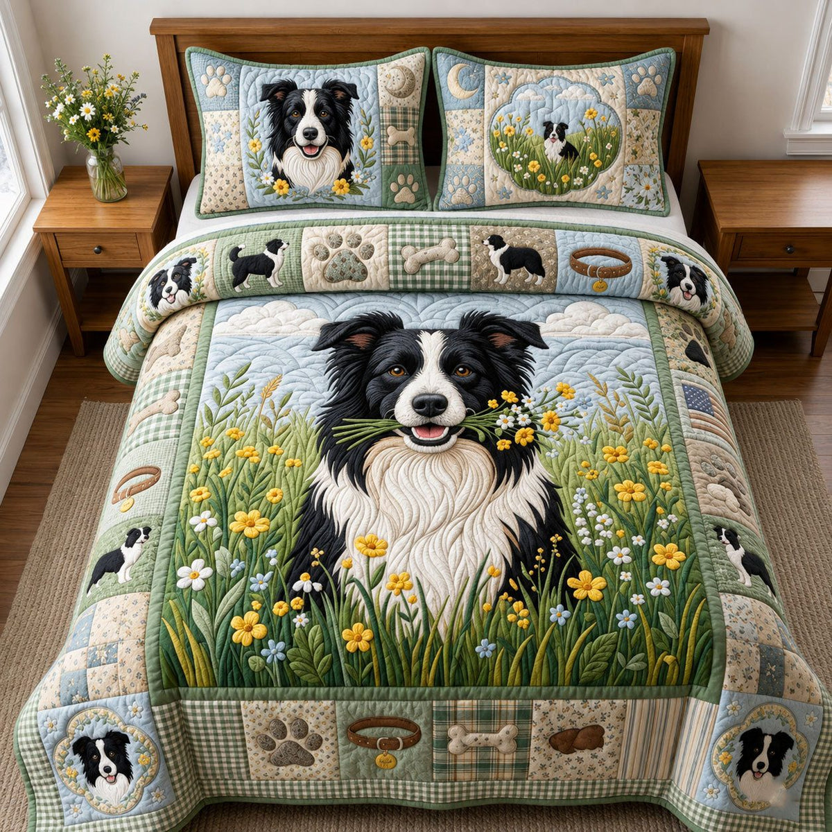 Tiny Bouquet quilted 3-piece bedding set on a made bed with two matching pillow shams