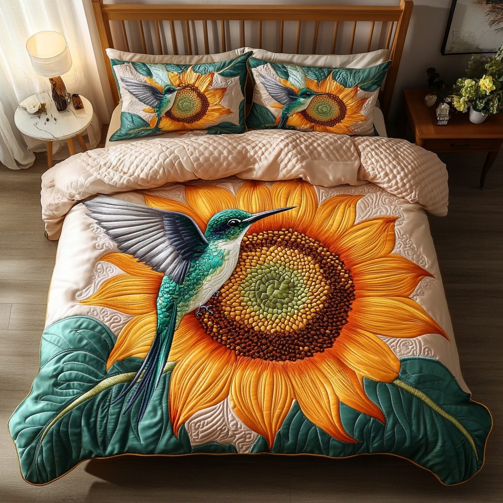 Tiny Grace quilted 3-piece bedding set on a made bed with two matching pillow shams