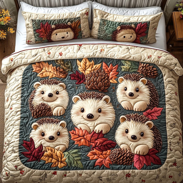 Tiny Paws and Spikes quilted 3-piece bedding set on a made bed with two matching pillow shams