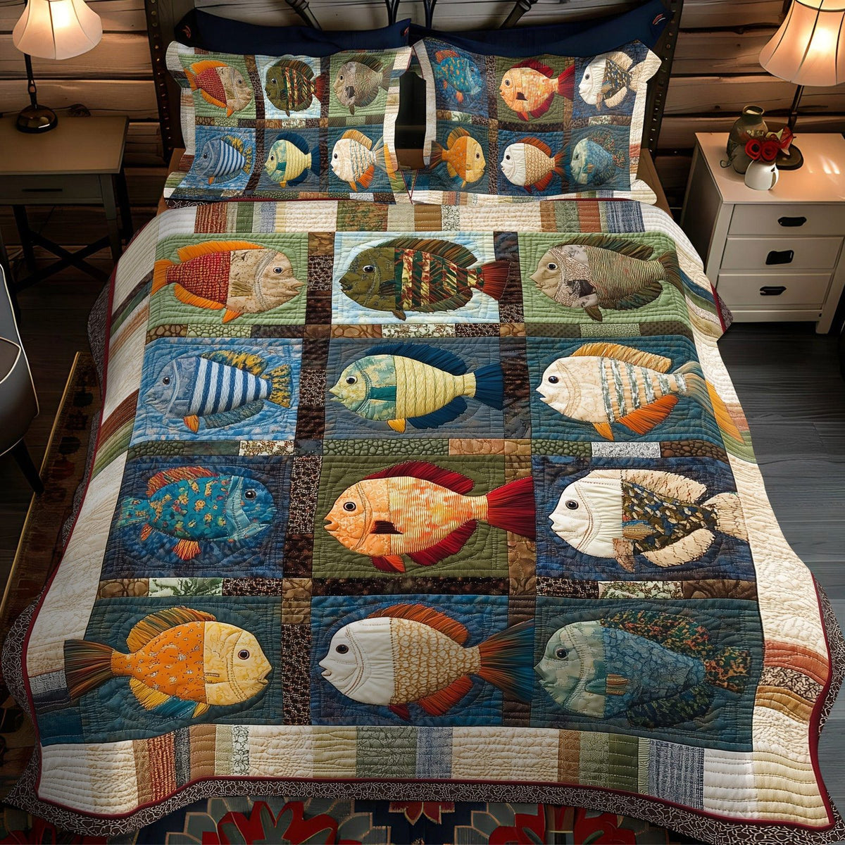 Tiny Tackle quilted 3-piece bedding set on a made bed with two matching pillow shams